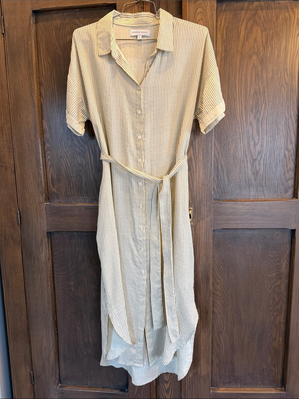 Piper & Scoot Cream Striped Short Sleeve Midi Shirt Dress with Self Tie Sz XS